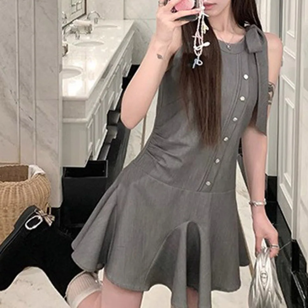 

Women's Sleeveless A-line College Bow Tie Vest Dress Flutter Scoop Shoulder Drawstring Dresses