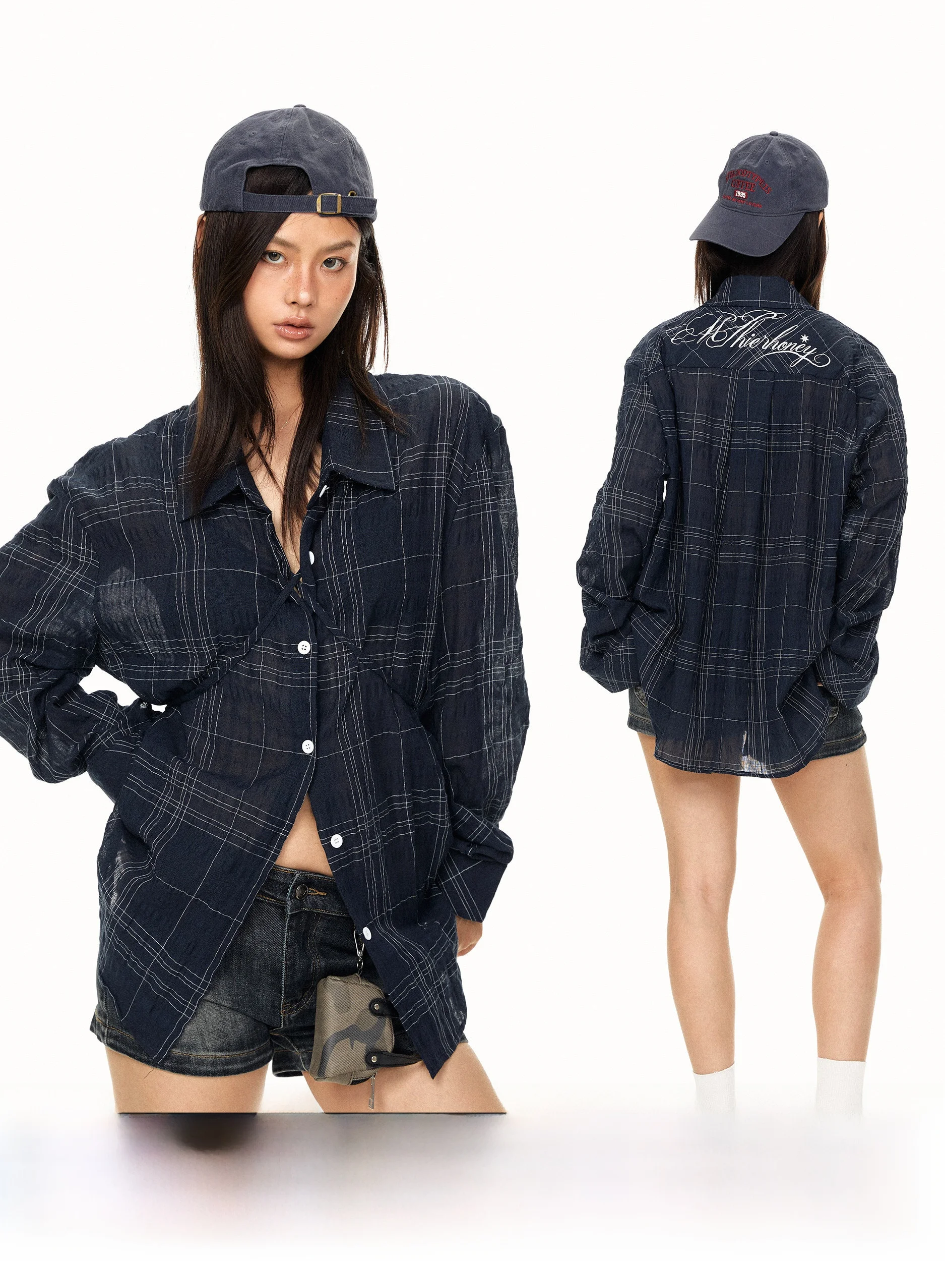 Retro Plaid Long Sleeve Loose Fit Sun Protection Shirt American Style Loose Collar Button down Cardigan Trendy Women's Shirt