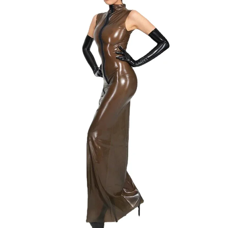 

Vinyl plastic PVC sheath pencil long dress sleeveless clear transparency slim front zipper maxi dress female club party S-7XL