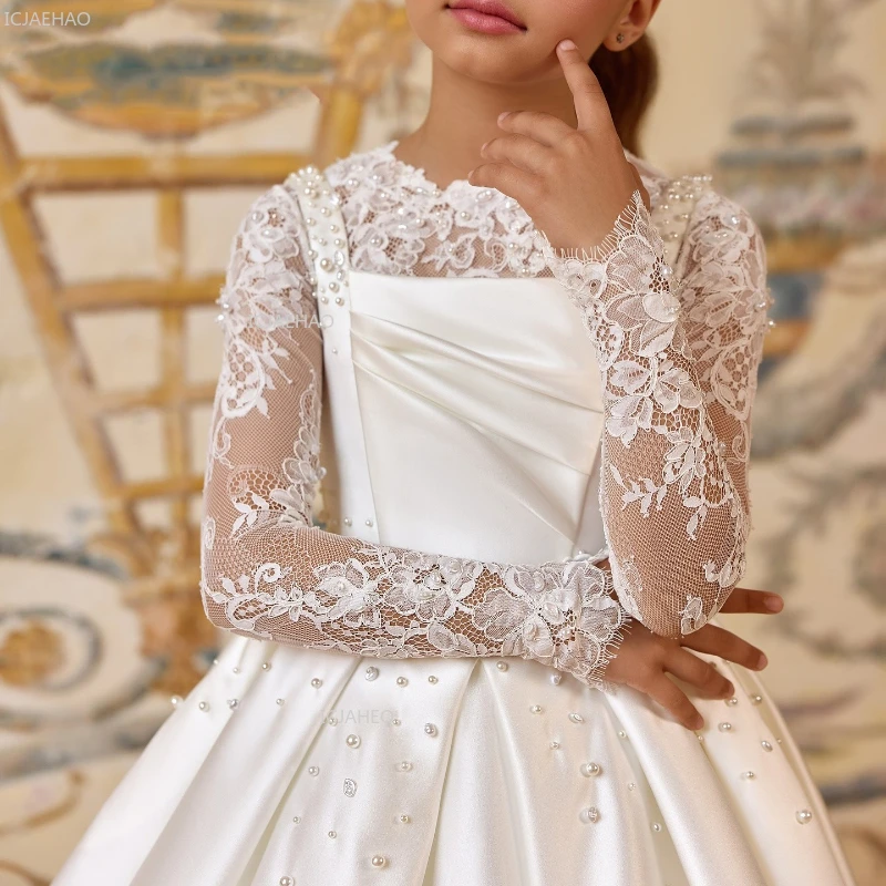 Kids Long Sleeve Flower Girl Dresses European American Style Satin Gown with Long Train Lace Trim Puffy Pageant Dress for Girls