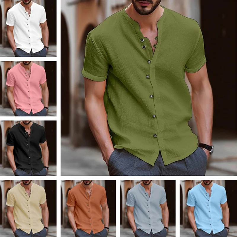 

2024 New arrive Spring and autumn men's new cotton and linen solid color cardigan retro trend short-sleeved shirt