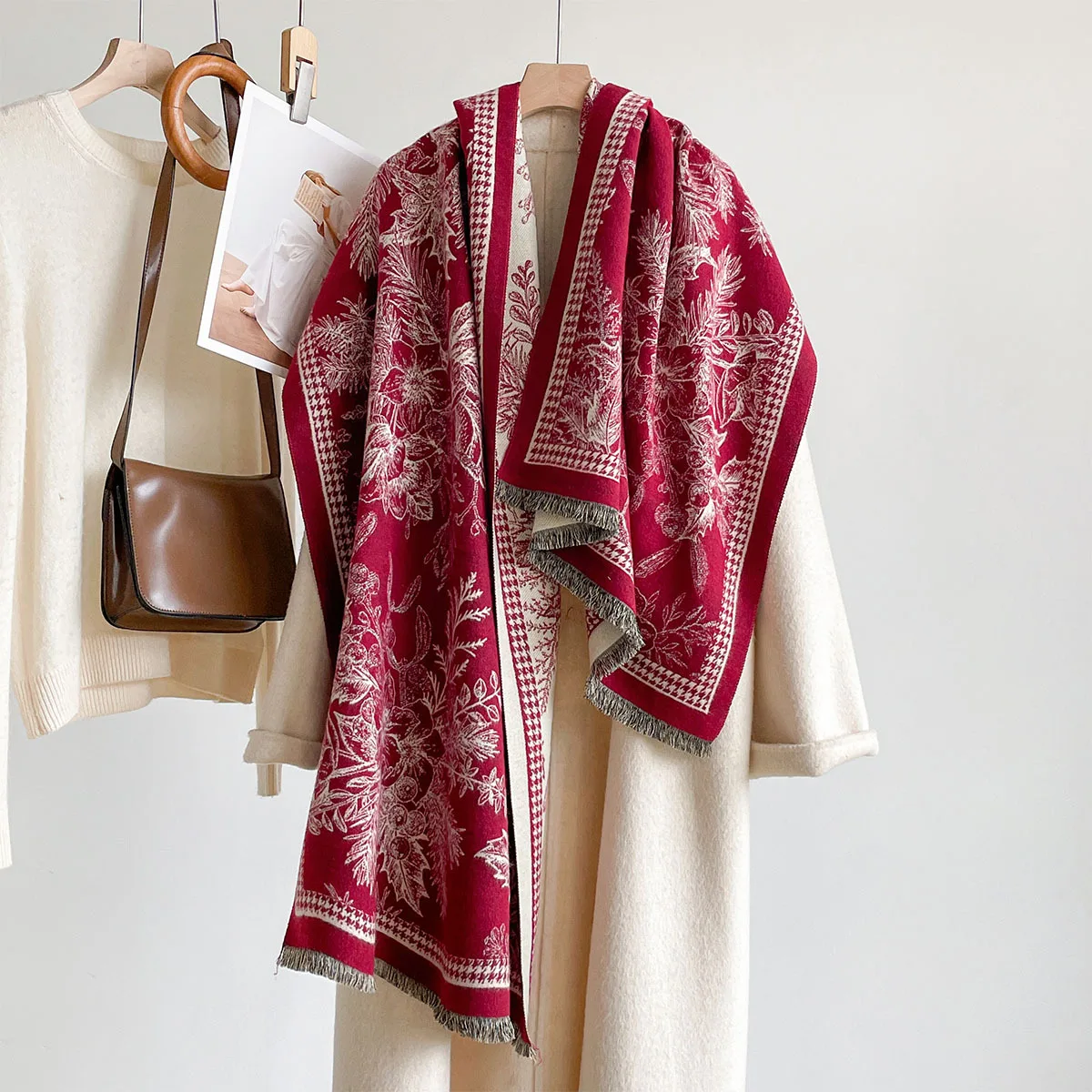 Women Scarf Vintage Floral Jacquard Shawl Houndstooth Border Wrap Fall 2026 Ladies Neck Scarves Stole For Daily Outdoor