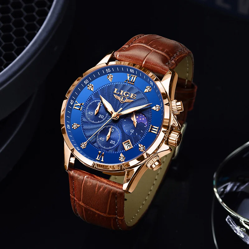 Lige-メンズレザーストラップ,クォーツ時計,耐水性,ムーンフェイズ,日付,クロノグラフ,時計,スポーツ,新しいファッション