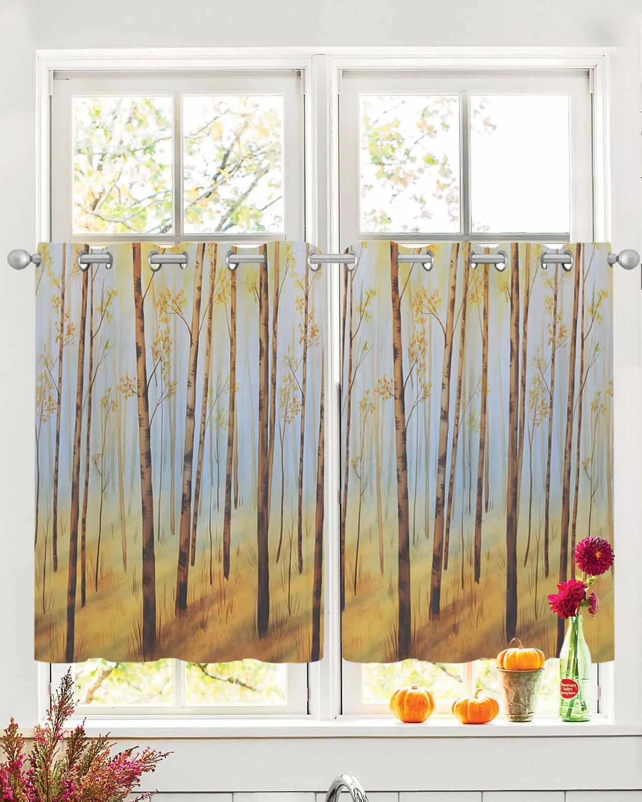 

2pcs Tulle Window Curtains Autumn Retro Watercolor Trees for Living Room Bedroom Transparent Chiffon Sheer Voile Window Curtain