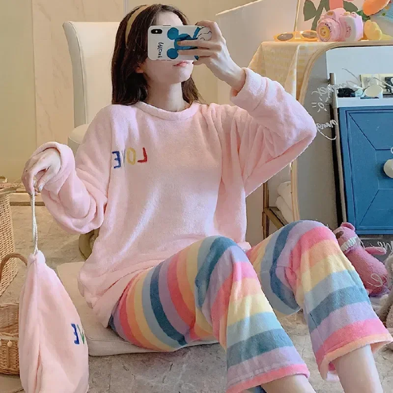 

Pajamas Winter Pyjama Warm Women's Piece Sleepwear Striped Sets Velvet Pjs Homewear Ladies Casual Flannel Pijama 2 Mujer Autumn