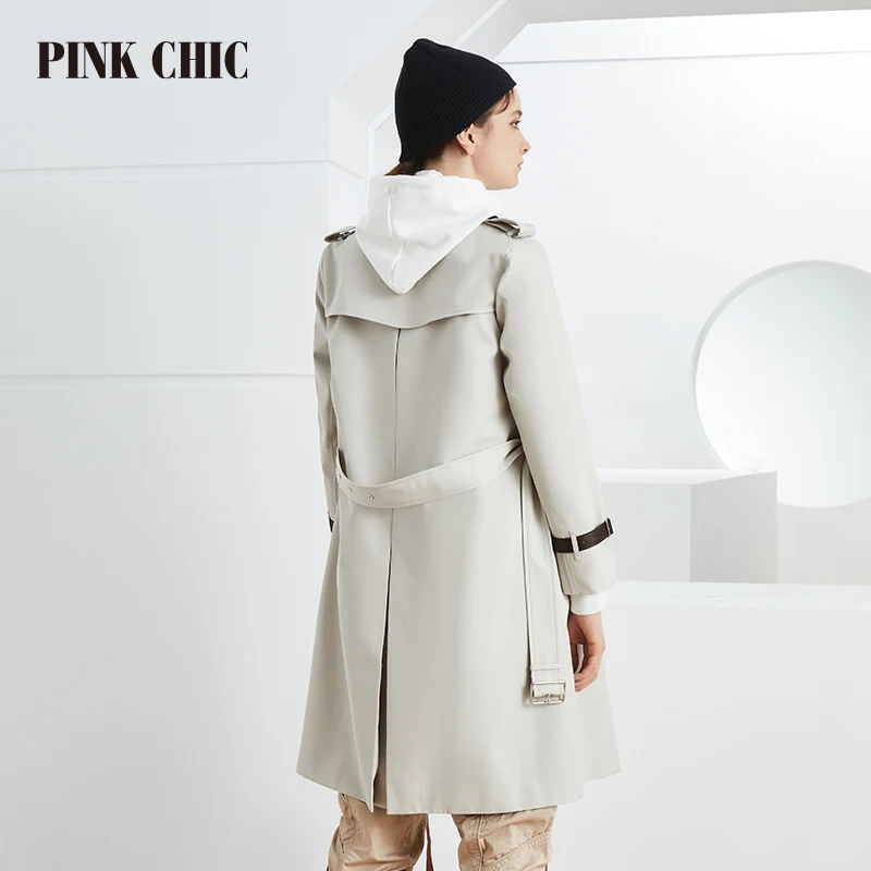 PINK CHIC British New Spring Autumn Windbreaker Mid Length Lapel Collar Women Double Breasted Waist Belt Grace Female Trench 803