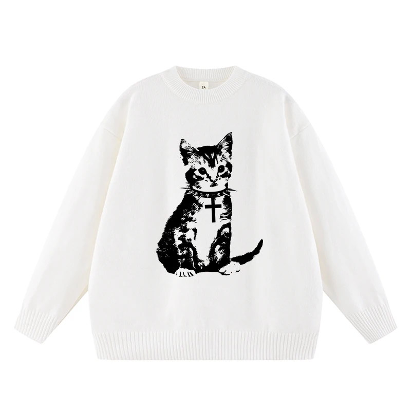 

American Vintage Harajuku Aesthetics Loose Sweater Fashion Casual Versatile Women Knitted Gothic Creative Cat Pattern Print Tops