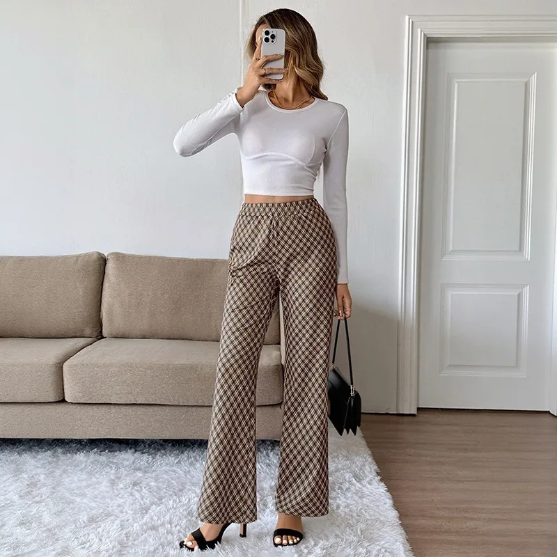 Chic Autumn Winter Simple Commuter Style Trousers Pants Plaid Slim-fitting Elastic High-waisted Micro-flared Trousers Women Y2K