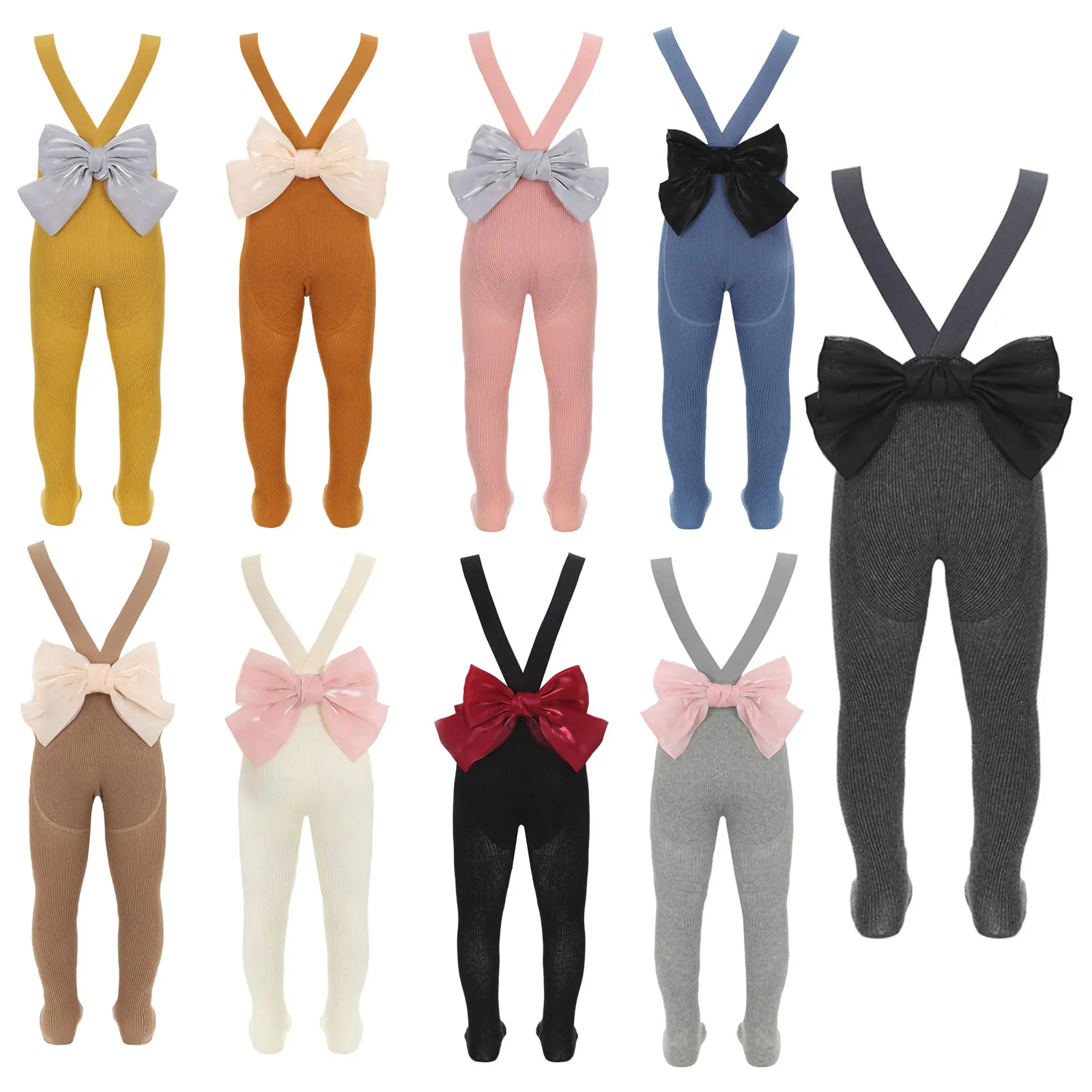 Infant Baby Girls Boys Rib Knitted Suspender Pantyhose Elastic Straps Bow Knot High Waist Leggings Tights Socks Casual Rompers