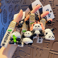 Wooden Carved Panda Keychain Cute Cartoon Animal Keychain Creative Exquisite Flower Panda Couple Keychain Bag Pendant