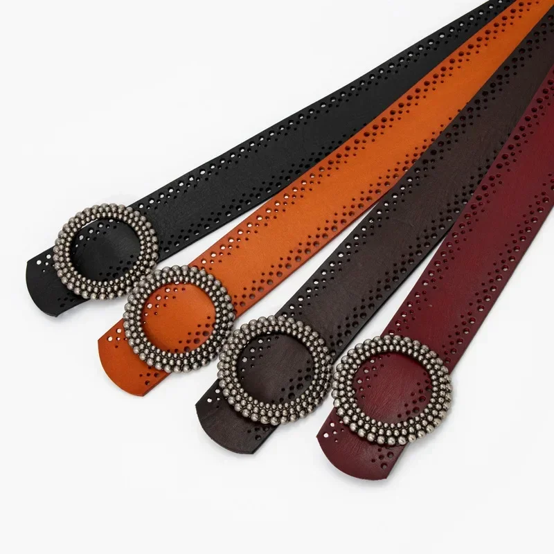 Women's Designer Belt Round Buckle Vegetable Tanned Leather Grain Ladies Decorative Costume Accessories Belt 5cm Width