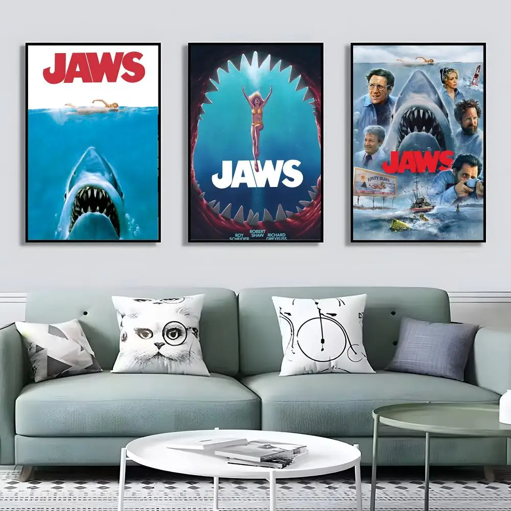 ملصق كلاسيكي رعب Moviej-Jawws مقاوم للماء من القماش ومقاوم للتجاعيد جدار الفن سهل التعليق ديكور المنزل لغرفة المعيشة وغرفة النوم #3