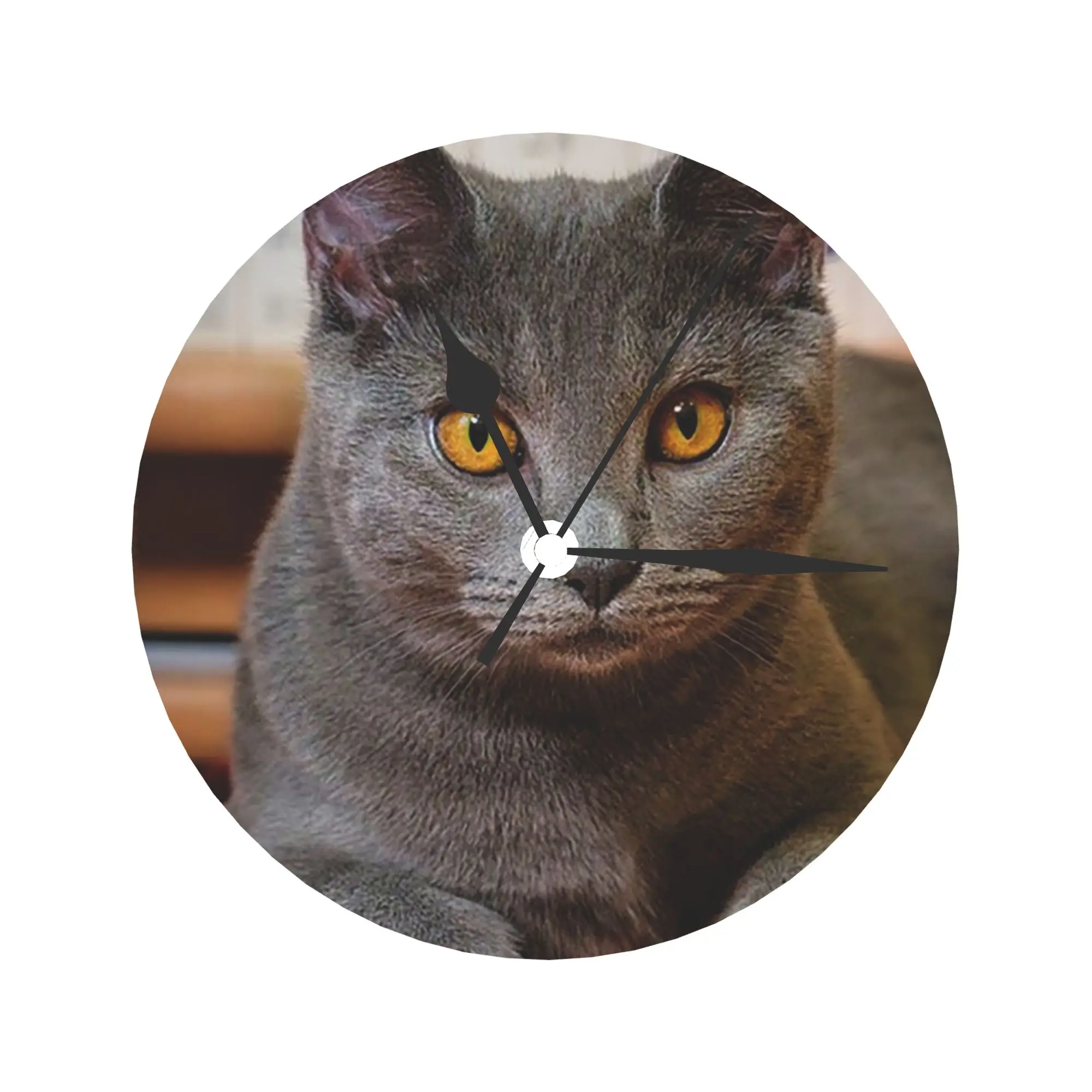 Retrato de gato Chartreux con ojos dorados, reloj de pared, decoración de habitación, reloj redondo silencioso para dormitorio, sala de estar, cocina y hogar