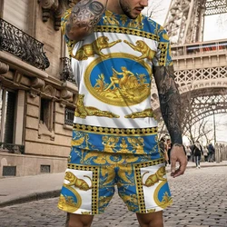 Summer Men's Suit Gold Pattern Print T-shirt Shorts 2-piece Set Prestige and Elegant Casual Clothes High Street Baroque T-shirt