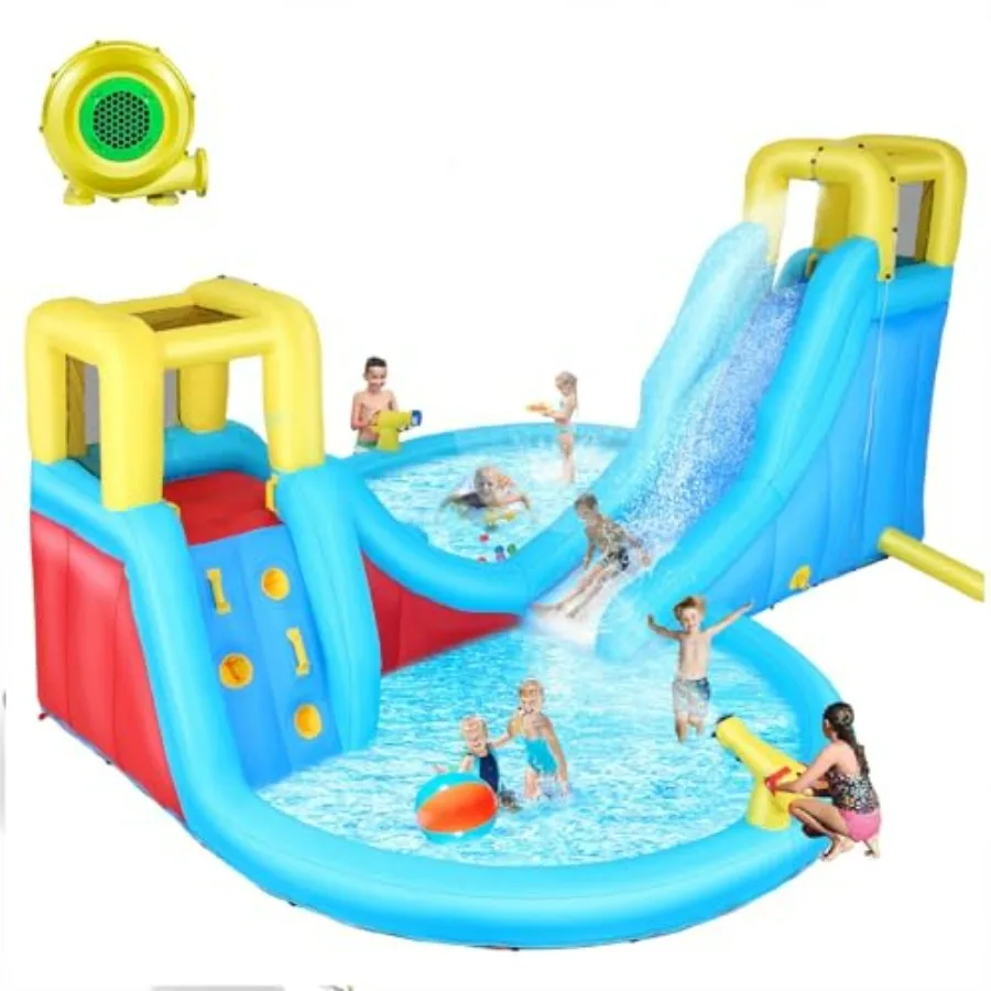 Backyard inflatable water slides for outdoor use, PVC material, blue and yellow, features climbing wall, basketball rim, splash