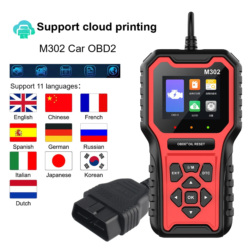 

Автомобильные аксессуары Автомобильный сканер OBD2 Считыватель кодов Clear Fault Многоязычный M302 Инструмент для диагностики автомобильных неисправностей