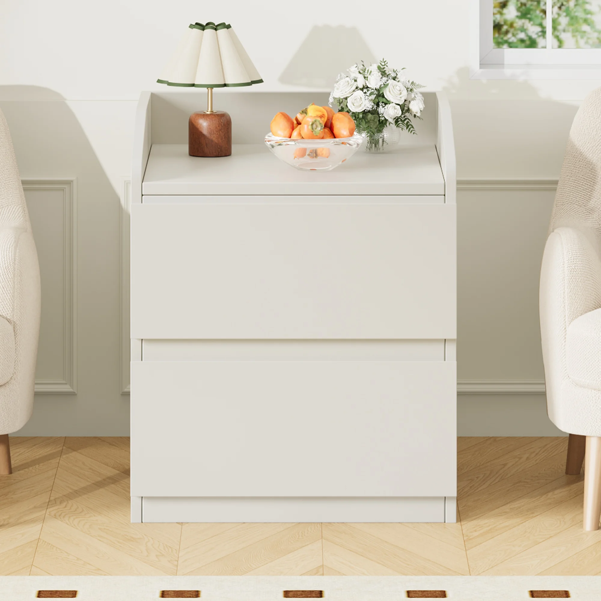 Design moderno curvo | Comodino con 2 cassetti - Senza maniglie - Soluzione di archiviazione elegante e funzionale - Finitura in legno naturale bianco - Ideale per camera da letto e soggiorno