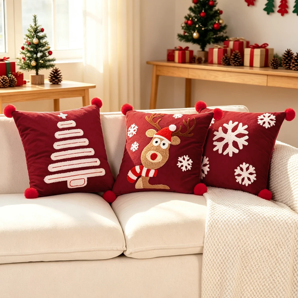 BUYNOW 1PC Velvet Christmas Tree Snowflake Embroidered Pillowcase Without Filler Christmas Vibe Sofa Cushion Cover Home Decor