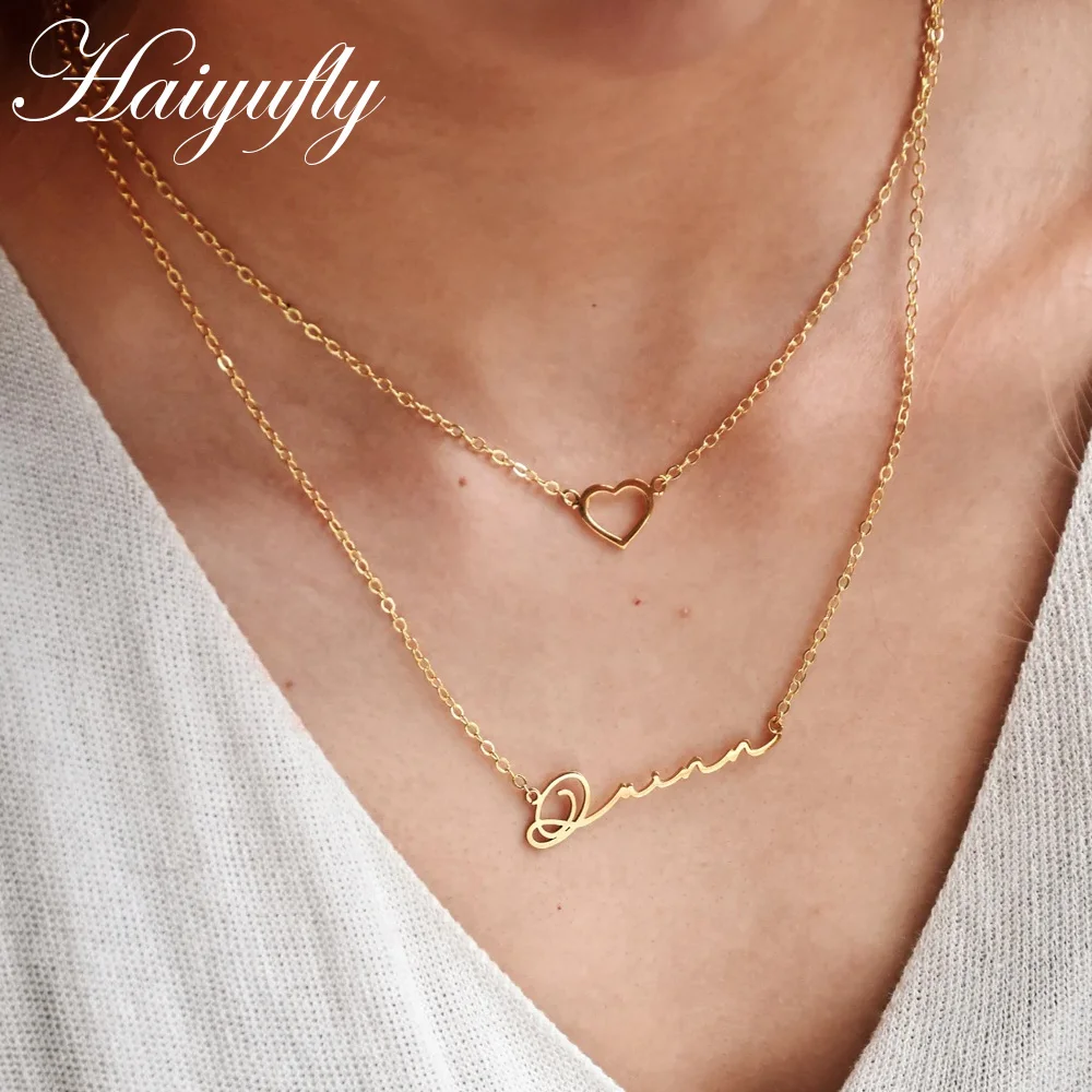 

Haiyufly Custom Names Necklace for Women Stainless Steel Double Layer Heart Pendant Choker Link Chain Jewelry Personalized Gift