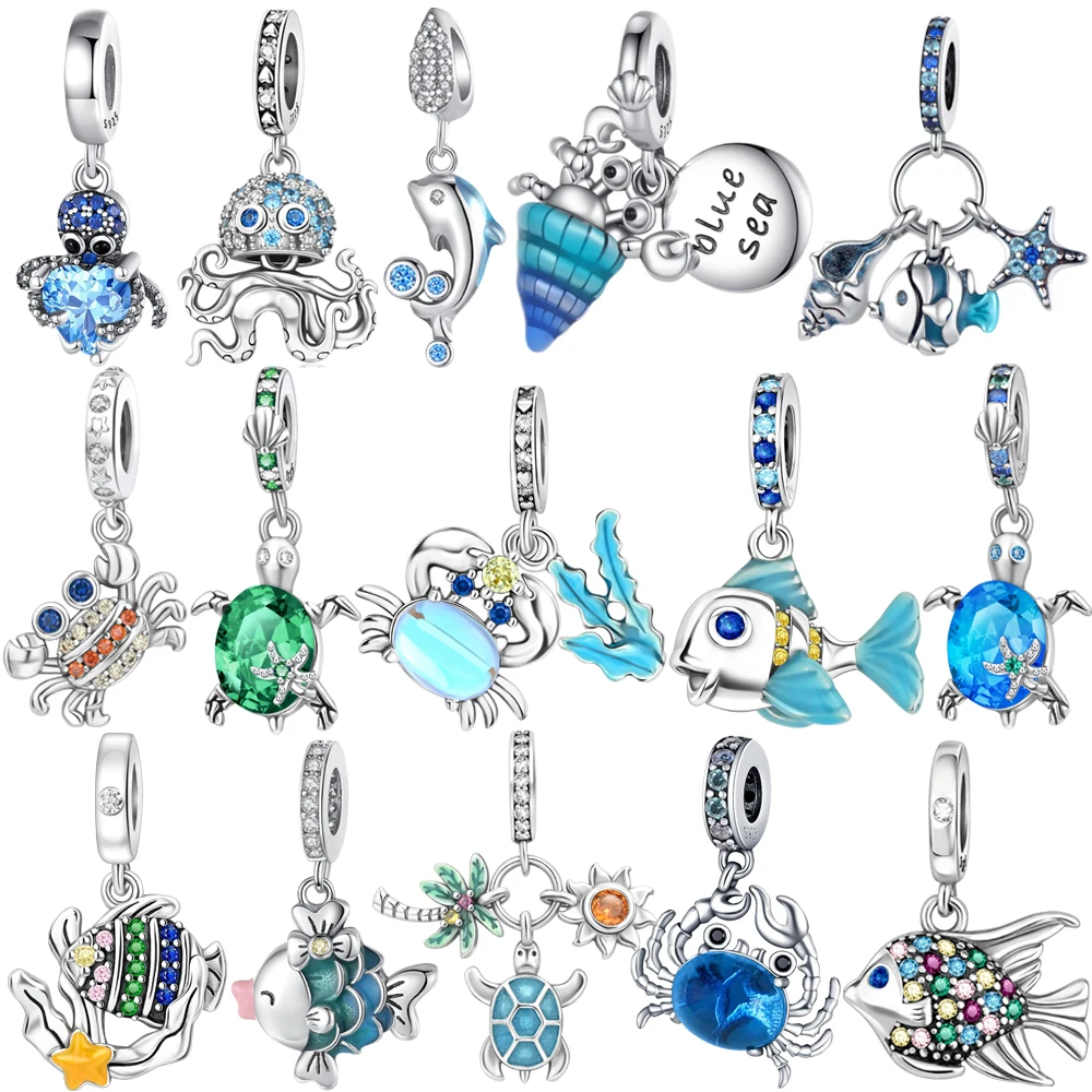 

2025 New Charms 925 Sterling Silver Ocean Sea Fish Crab Turtle Octopus Beads Fit Snake Chain Bracelet Necklace Women DIY Jewelry