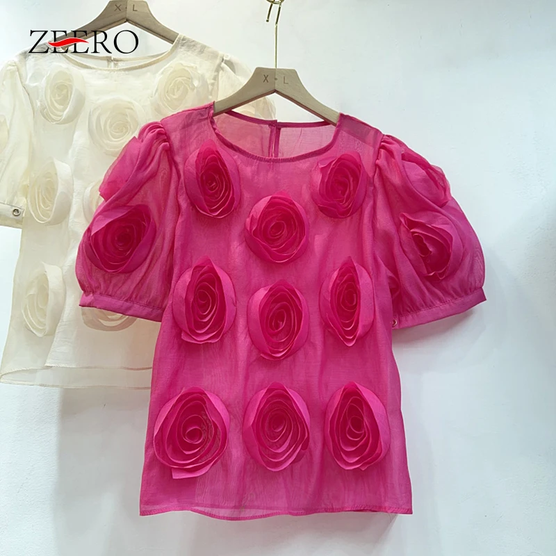 

French Style Women Sweet Pink Appliques 3D Flowers Blouses Summer Female Short Sleeves Y2k Tops Loose Fairy Blouse Blusas Mujer