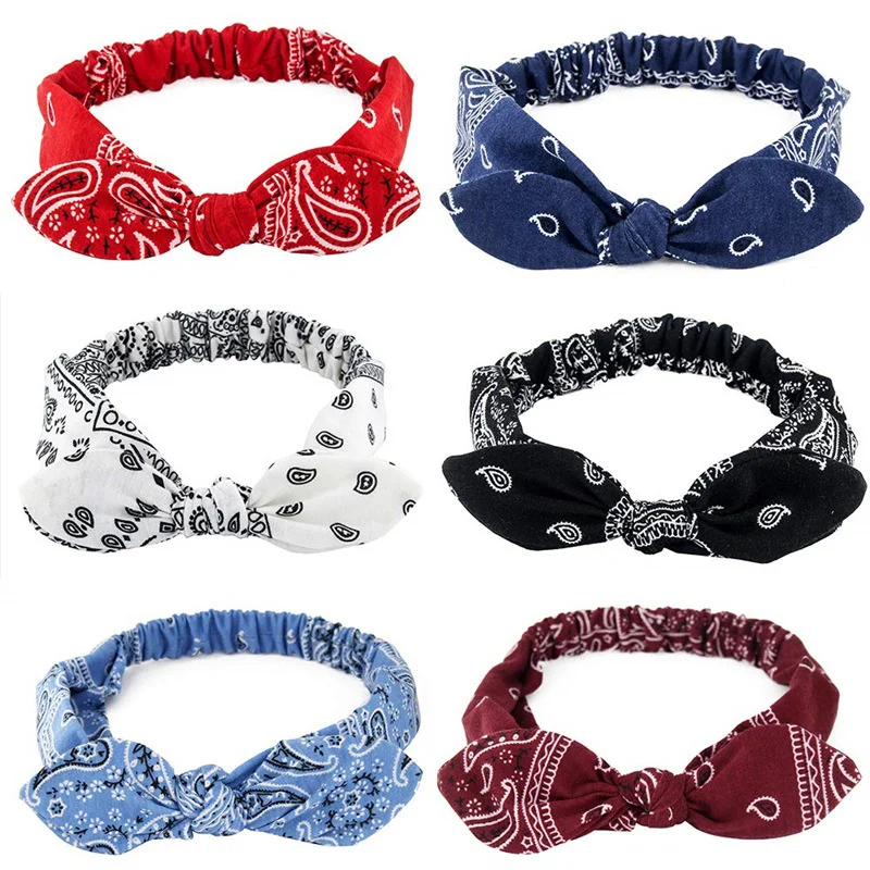 Boho Bow 머리띠 여성용 빈티지 Paisley Bandana 꽃 프린트 Hairband 탄성 토끼 귀 머리 랩 귀여운 헤어 액세서리