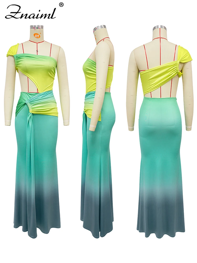 Znaiml Chic Eine Schulter Geraffte Cut-Out Farbverlauf Grün Maxi Kleid Frauen Aushöhlen Geburtstag Party Kleider Urlaub Prom vestidos