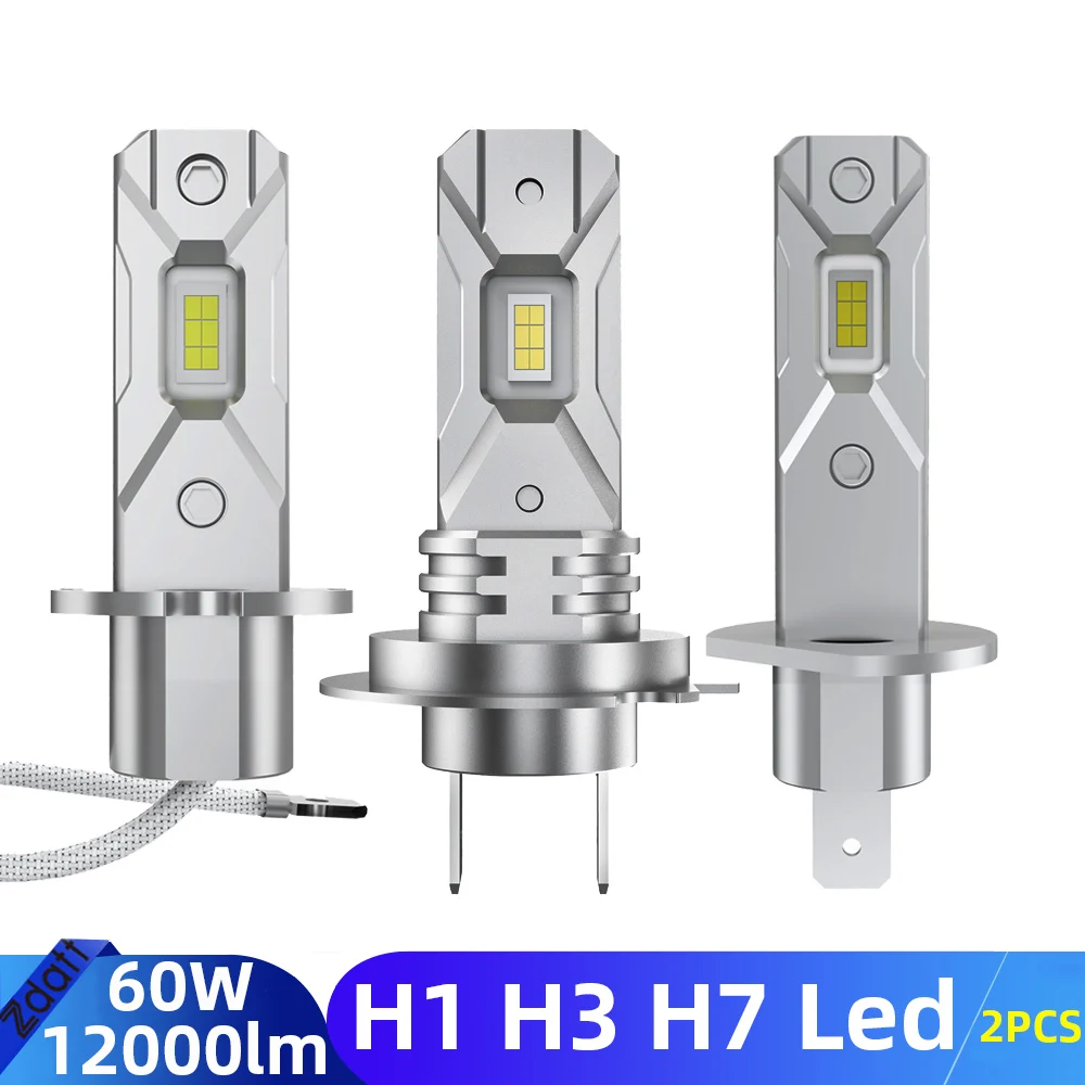 H1 H3 H7 LED Headlight Bulbs 6000K High Brightness Fanless Design CSP Chip Auto Diode Lamps for 12V LED Automobiles 60W 12000LM