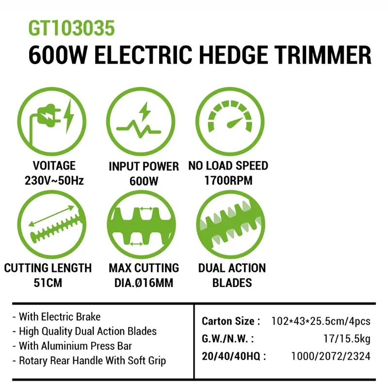 Vertak 600W Double Blade Hedge Trimmer 20Inch Cutting Length Electric Hedge Cutter for Trimming Bushes Shrub Pruning