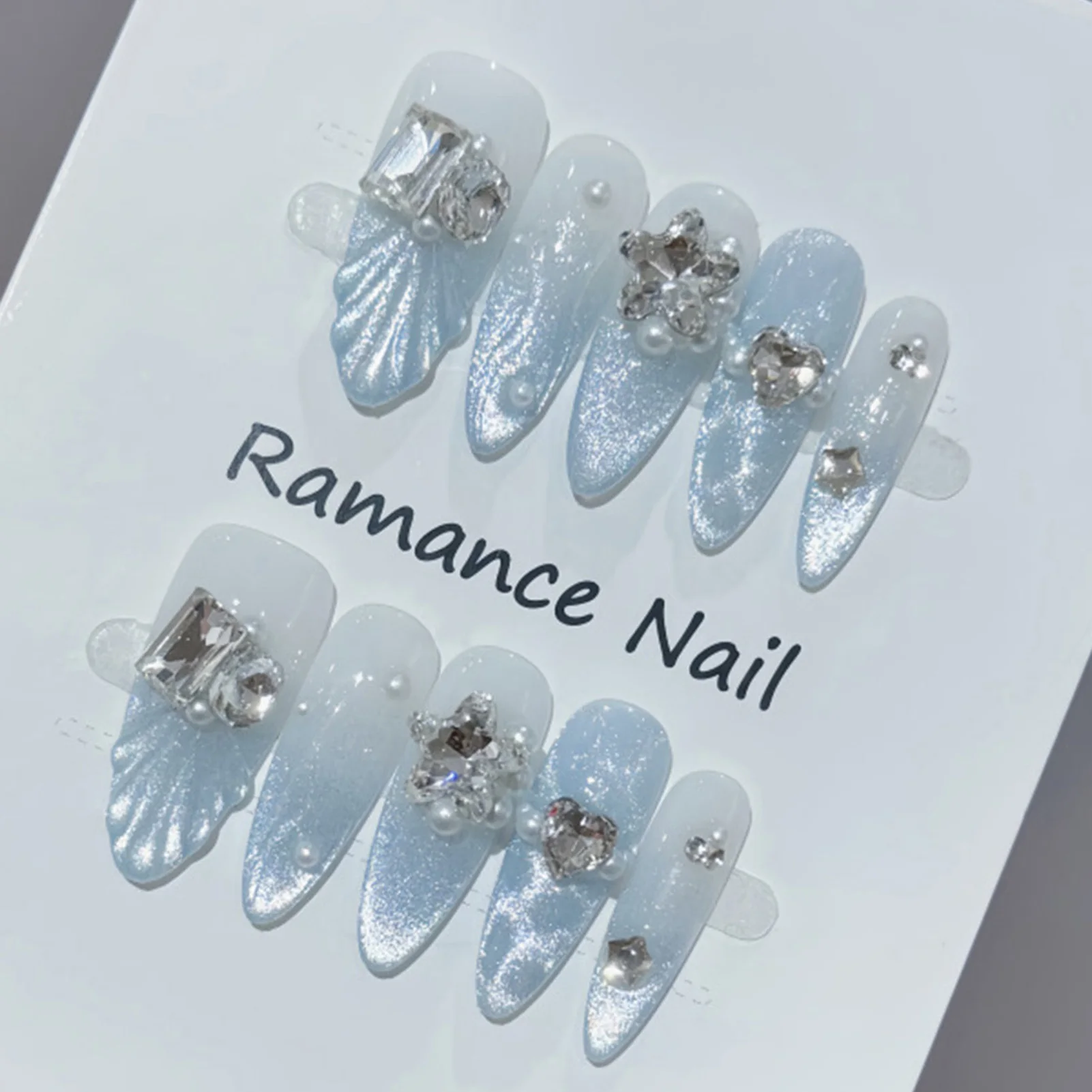 10pcs Summer Fresh Handmade Press On Nails Haze Blue Cat's Eye French Style False Nails 3D Fishtail Design Long Almond Fake Nail view 2