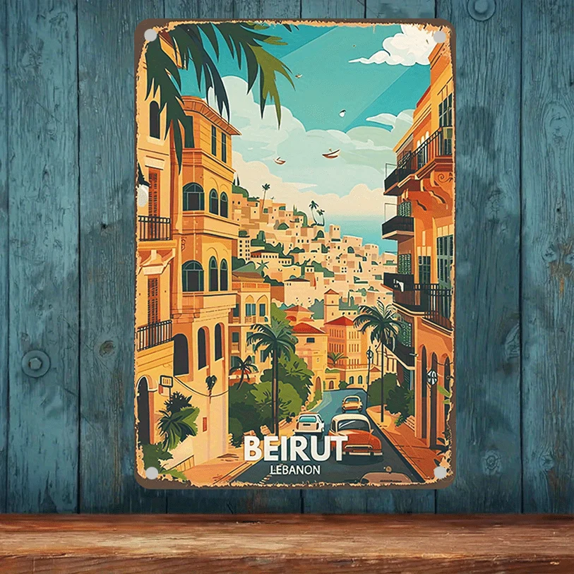 2D Flat, 8.0x12.0inch Unframed Metal Wall Art - Vintage Beirut Lebanon Cityscape with Vibrant Colors, Waterproof & Dustproof  De
