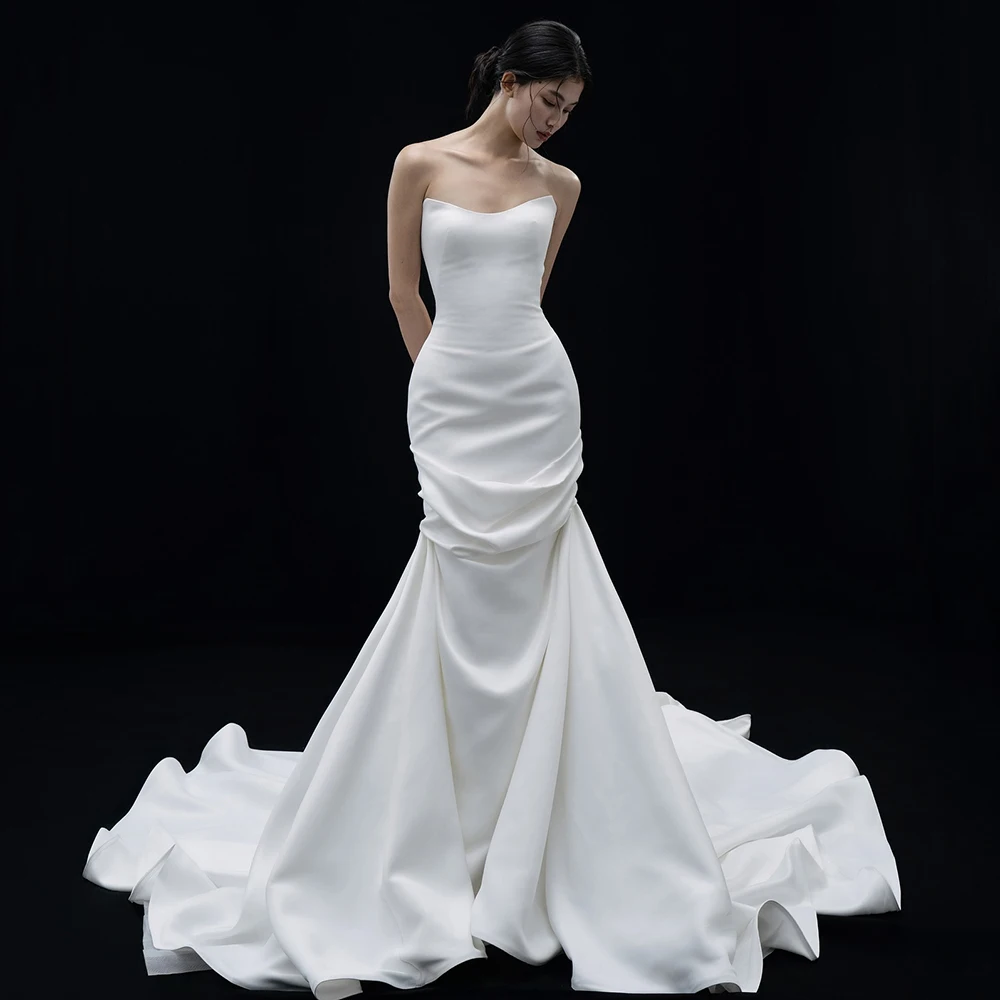 Customized Strapless Modern Style White Wedding Dress Watteau Train Sleeveless Mermaid Party Dress Floor Length Prom Gowns