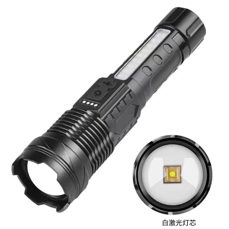 Laser telescopic zoom Rechargeable LED strong light flashlight home outdoor red and blue warning COB side light
