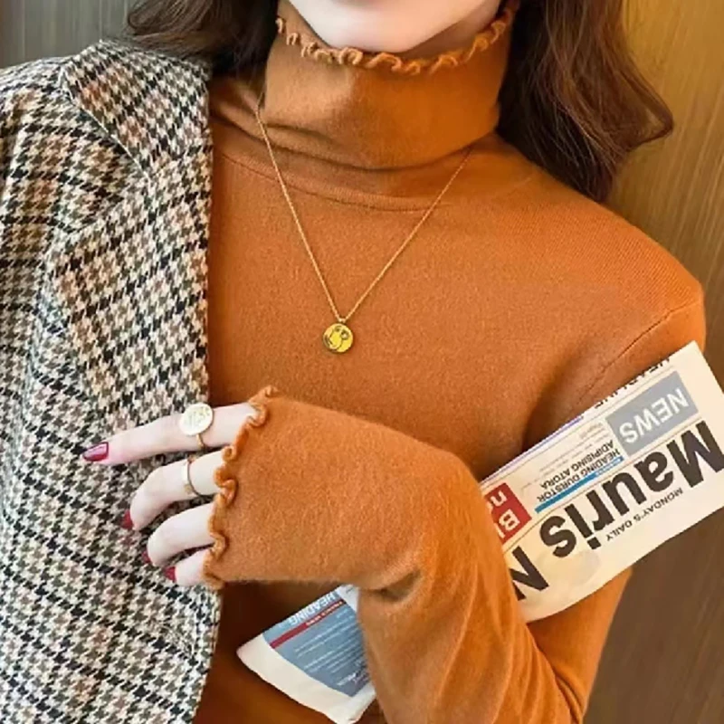 HELIAR Women Ruffles Turtleneck Sweater Long Sleeve Solid Slim Bottoming Pullover Office Casual Sweater Jumper Women Fall Winter