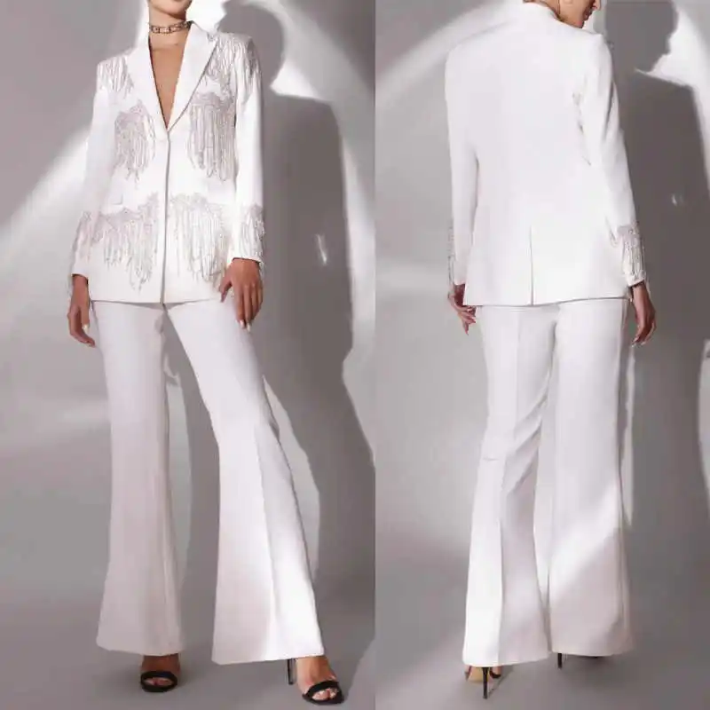 

Luxurious Tassel Mother Of The Bride Suits Peaked Lapel One Button Pants Sets 2 Pieces Customized Banquet Party