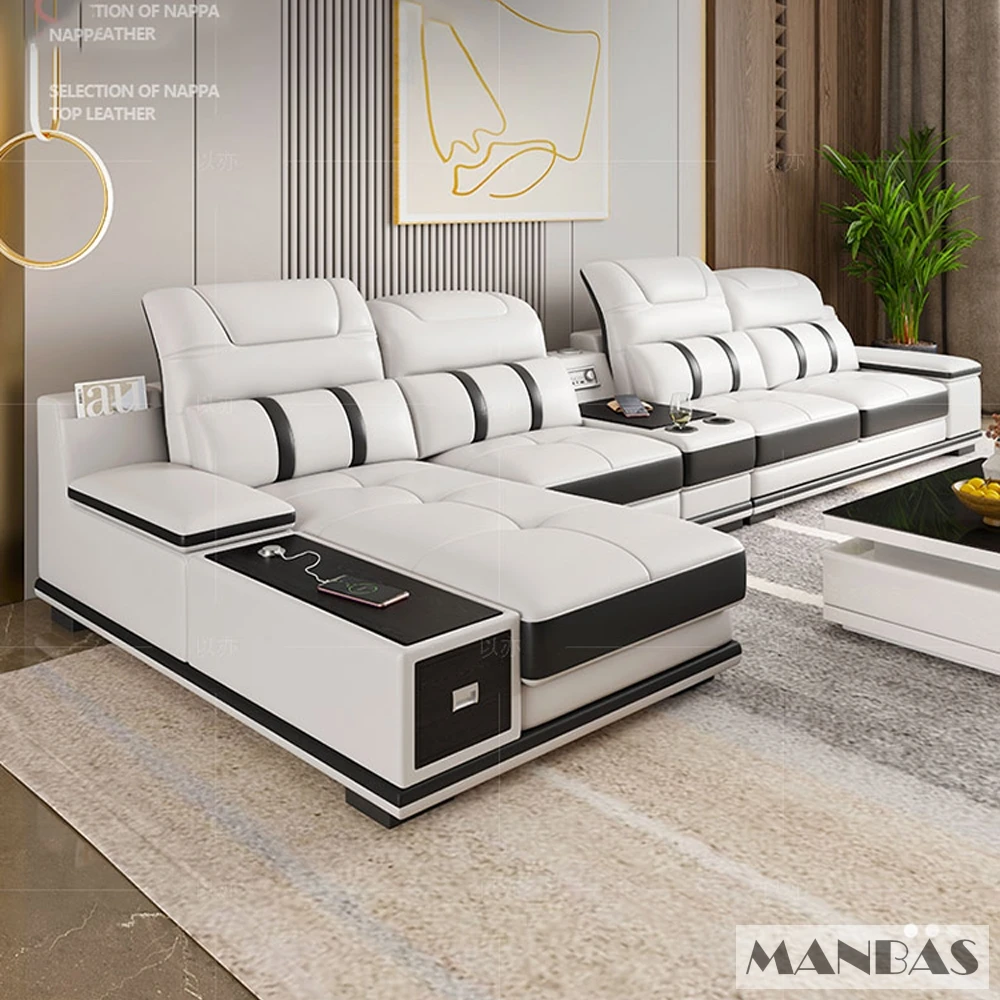 Modern Genuine Leather Sofa Living Room By MINGDIBAO - Stylish Italian Couch with Bluetooth Speaker, USB & Adjustable Headrests