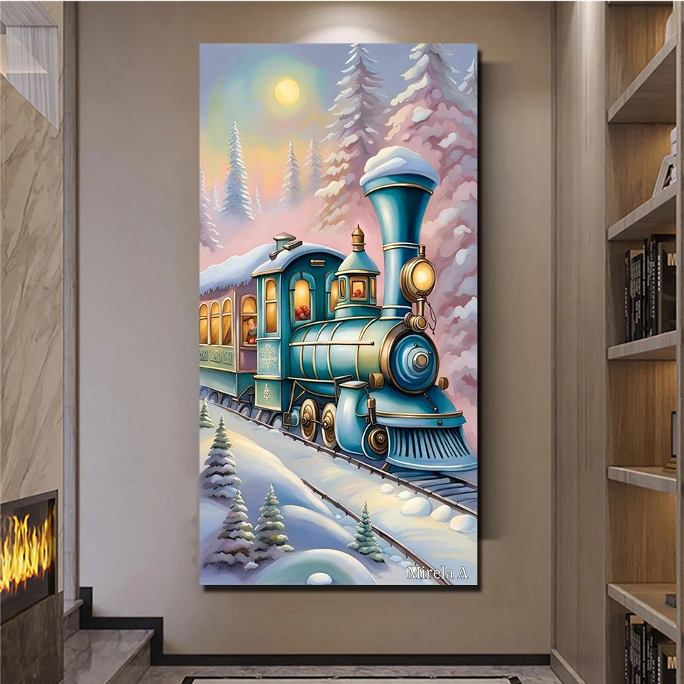 Large Snow Train Diy Diamond Painting Full Square Round Drill Mosaic For Interior Large Size Home Decoration Christmas New 2024