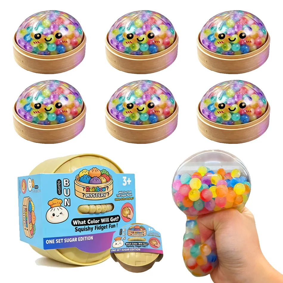 Regenbogen-Perlen-Dumpling-Squishy-Spielzeug mit Bambus-Dampfgarer-Etui, bunter Glitzer, tragbar, sensorisches Fidget-Spielzeug zur Stresslinderung