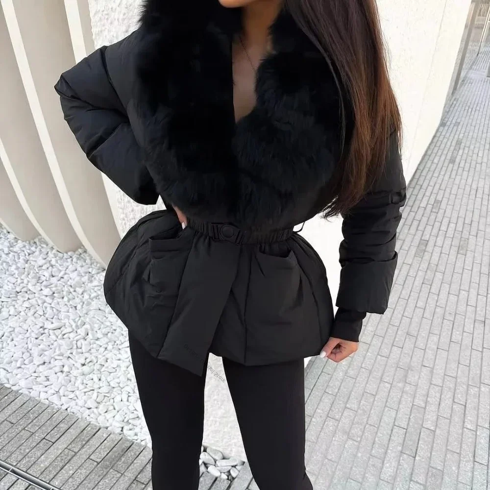 Women's Duck Down Coat with Fur Collar Slim Fit Short Puffer Jacket Cold Protection Fur Outerwear Cold Weather for City Fashion