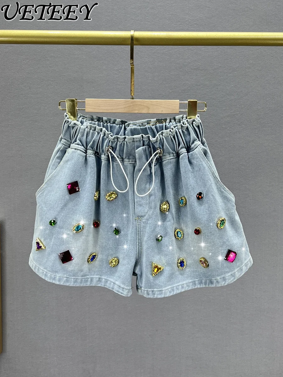 

Diamond-Embedded Denim Shorts Women's Summer New High Waist Loose Slimming Short Jeans European Station Wide-Leg Hot Pants