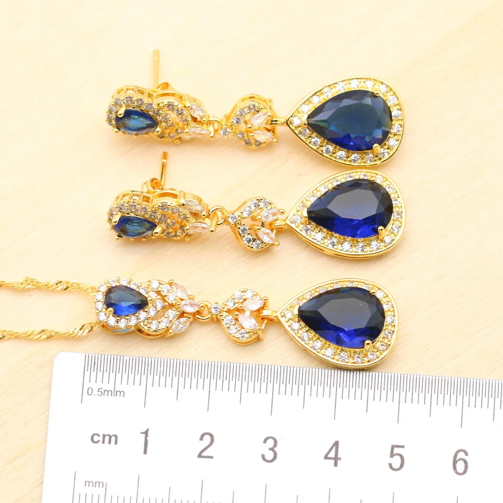 Green Crystal Water Drop Gold Plated Jewelry Sets For Women Wedding Bracelet Earrings Necklace Pendant Ring Party Gift