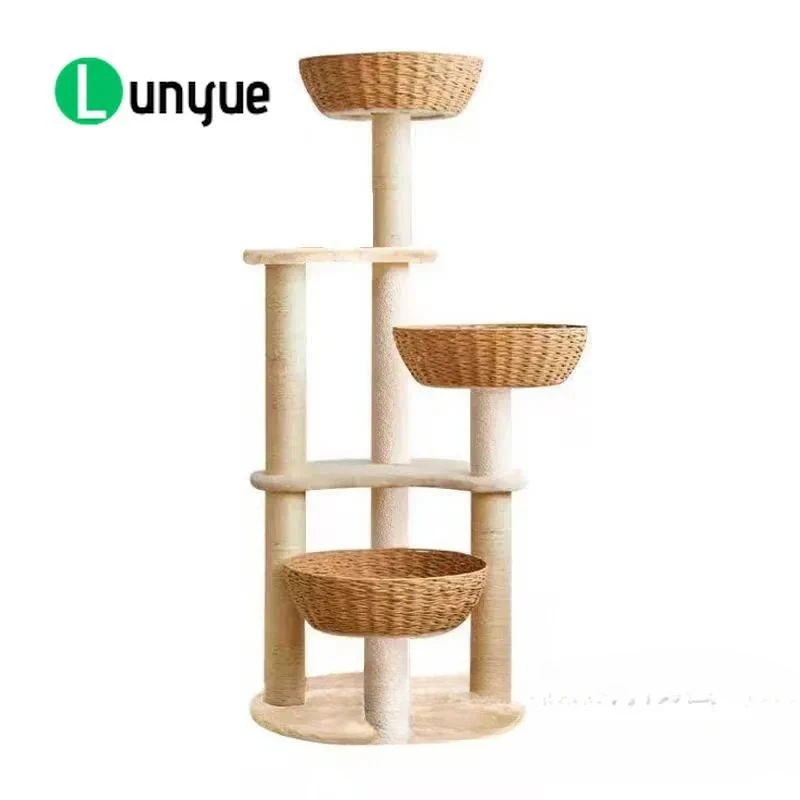 Solid Wood Cat Tree with Woven Rattan Basket Nest Large Vertical Climbing Frame Integrated Board Scratching Post for Indoor