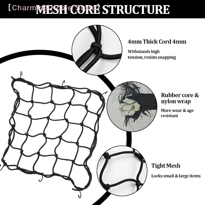 【M】1x Motorcycle Luggage Net Bike 6 Hooks Hold Down Fuel Tank Luggage Mesh Web Bungee Black Motorcycle Bike Tank Car Styling