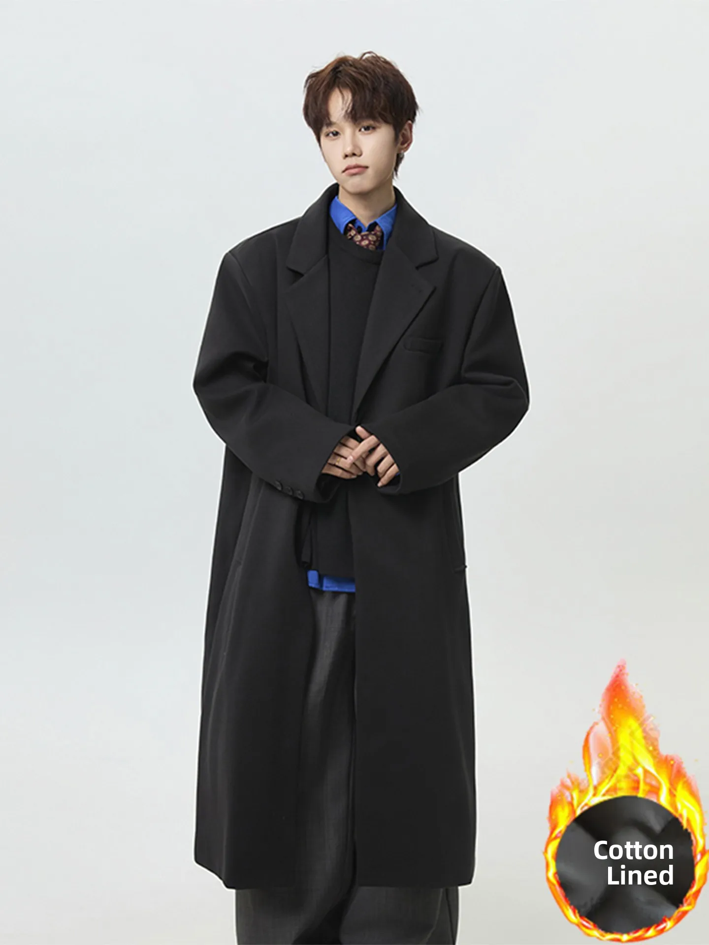 

Korean Sle Men's Woolen Coat Mid-Length Thiened Cotton Lined Loose Knee-Length Windbreaker for Winter Casual Wear