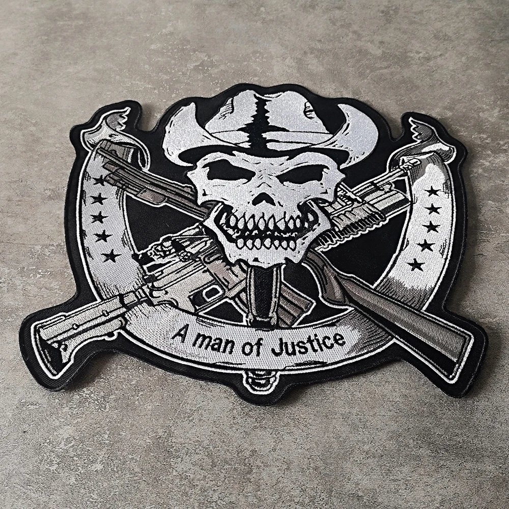 Righteous  Double Gun Skeleton Embroidery  Patch Back Logo Motorcycle Horseman  Personalized Leather Vest Decoration 29*29cm