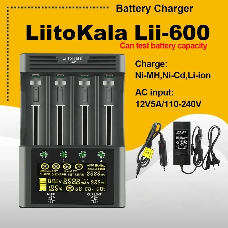 

LiitoKala Lii-600 LCD Display Battery Charger For 3.7V 1.2V 18650 26650 21700 26700 AA AAA Test battery capacity