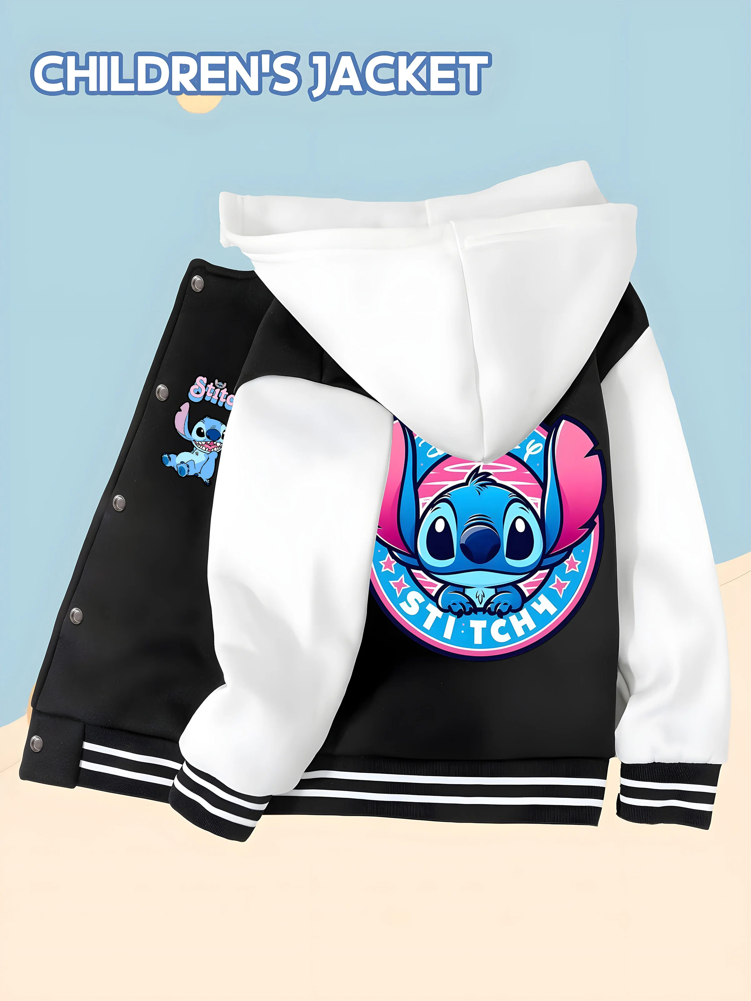 

MINISO Disney Stitch Trend Badge Boys Baseball Jacket - Double-sided Stitch Trend Badge Fabric for Comfortable School Wear