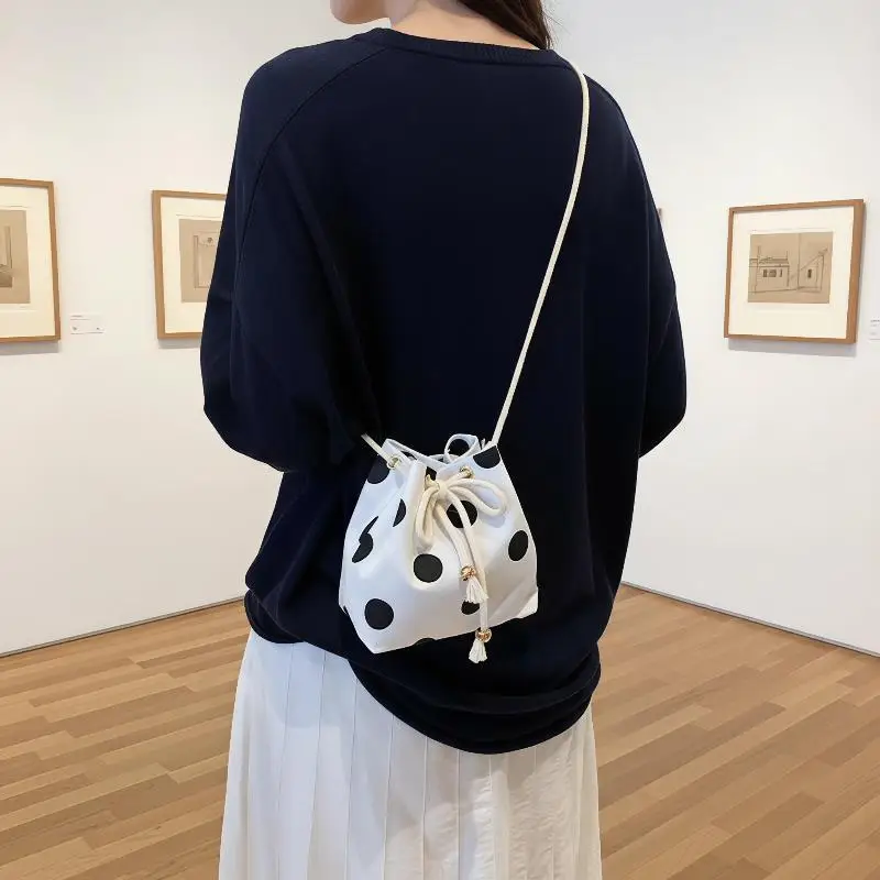 Polka Dot Drawstring Crossbody Bag Soft Nylon Fabric Adjustable Strap Water Resistant Purse for Camping Picnic Use