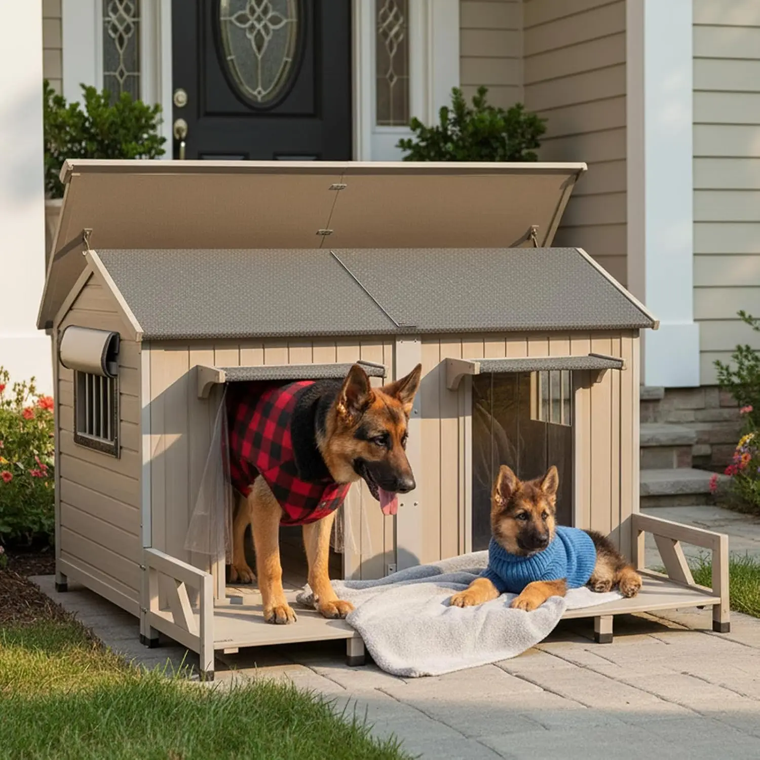 Extra Large Outdoor Dog House With Balcony Weatherproof For 2 Dogs, Customized