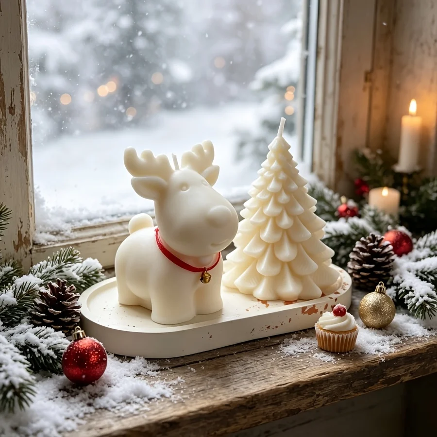 Clay Silicone Mold 3pcs Set: Christmas Deer, Christmas Tree Candle, And Oval Tray, Suitable for Making Epoxy Plaster Candles ,